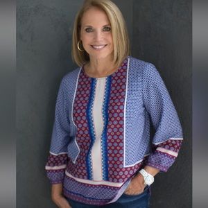 Talbots Top Blouse Women's Small Petite Blue Red Boho Peasant Festival Hippie